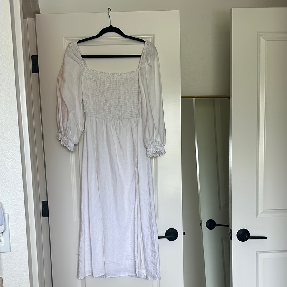 Reformation White Smocked Midi Dress with Bishop Sleeves